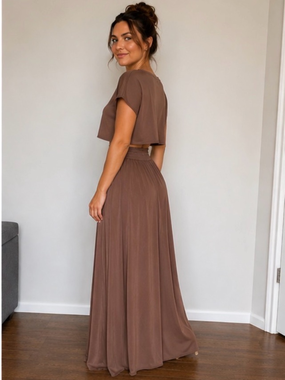 Zenana Mocha Flowy Maxi Skirt & Cropped Top Set Size M NWT | Boho Chic - Picture 5 of 6